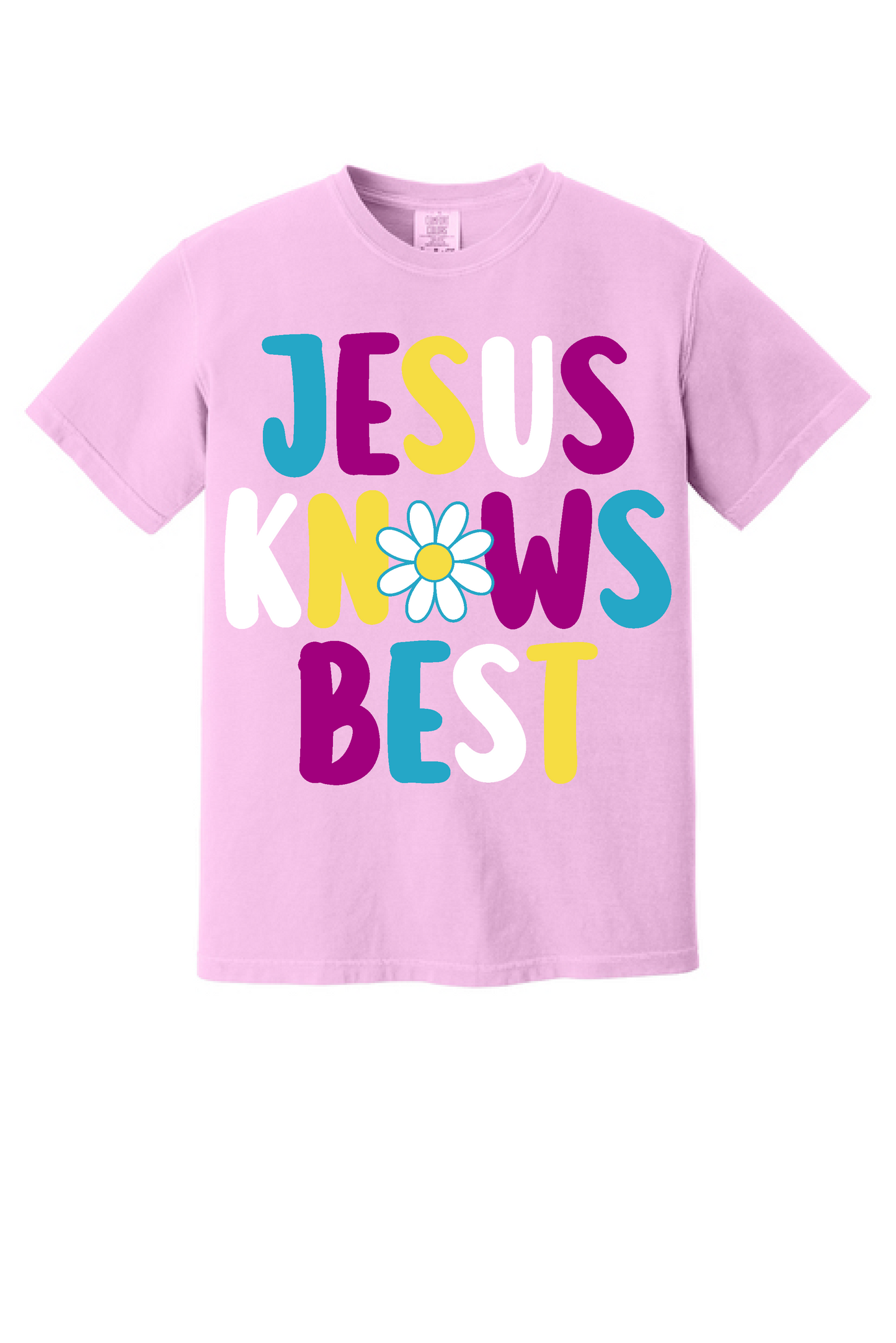 Jesus Knows Best shirt, flat front view, retro lettering and daisy on pink