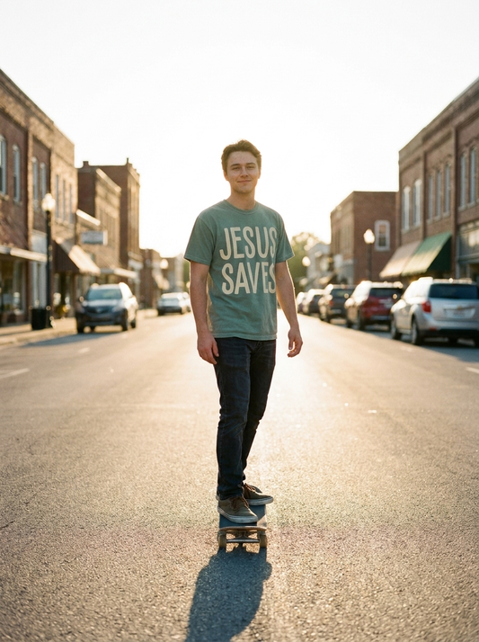 Jesus Saves Christian tee, bold full chest print on garment dyed sage