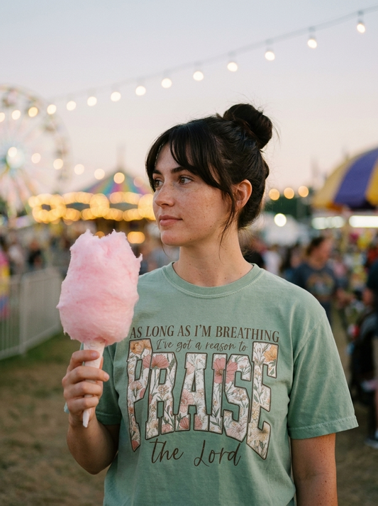 Reason To Praise The Lord Christian tee, floral varsity print on sage green