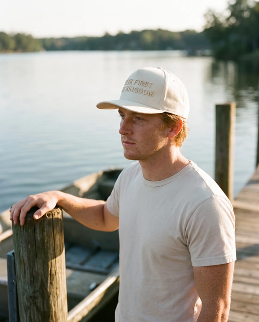 Model wearing the Seek First The Kingdom Hat, Cream, second view