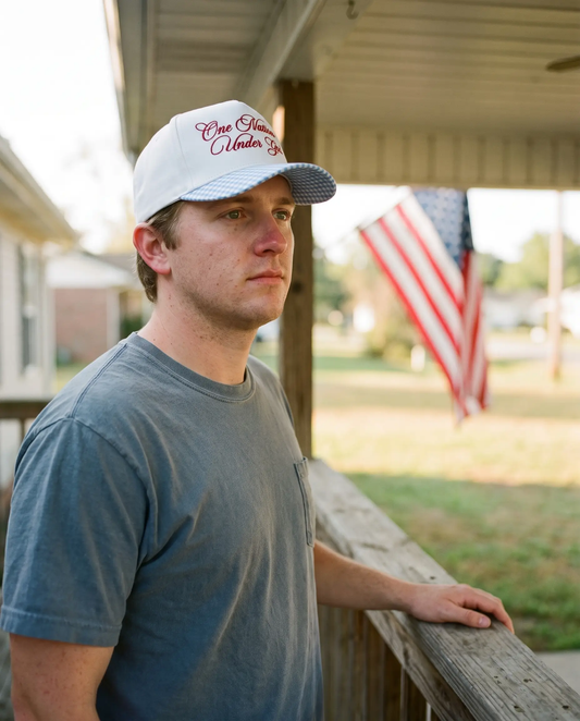 Model wearing the One Nation Under God Hat, Script, second view