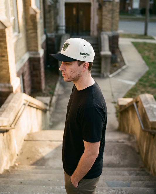 Model wearing the Revelation 7:9 Palm Leaf Hat, second view