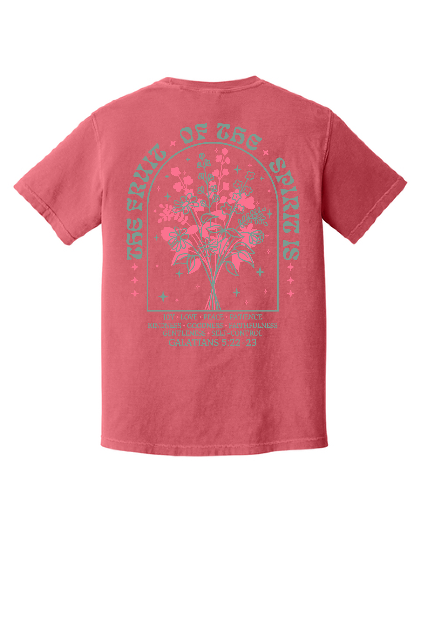 Fruit Of The Spirit shirt back print, Galatians 5:22-23, on watermelon pink