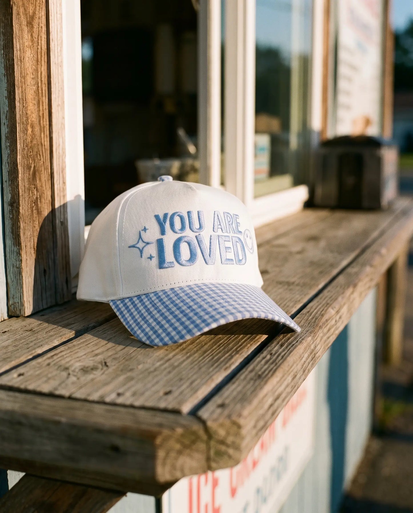 You Are Loved Hat, Blue Gingham product shot
