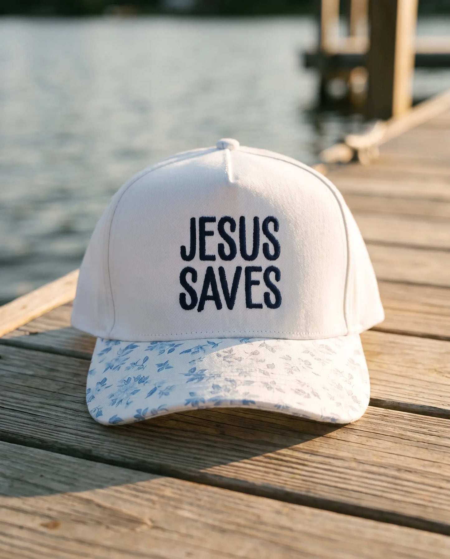 Jesus Saves Hat, Blue Floral product shot