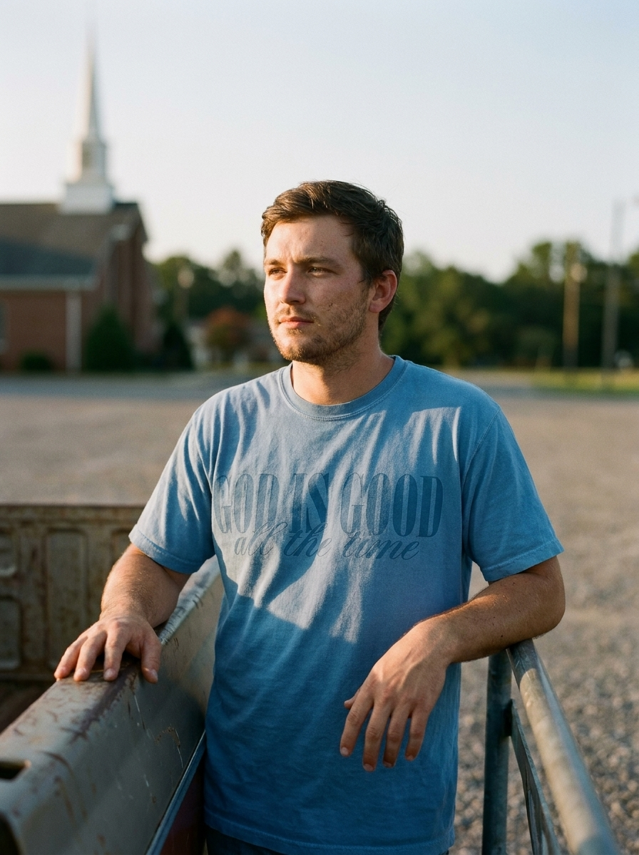 God Is Good All The Time Christian tee in washed blue, tone on tone chest print