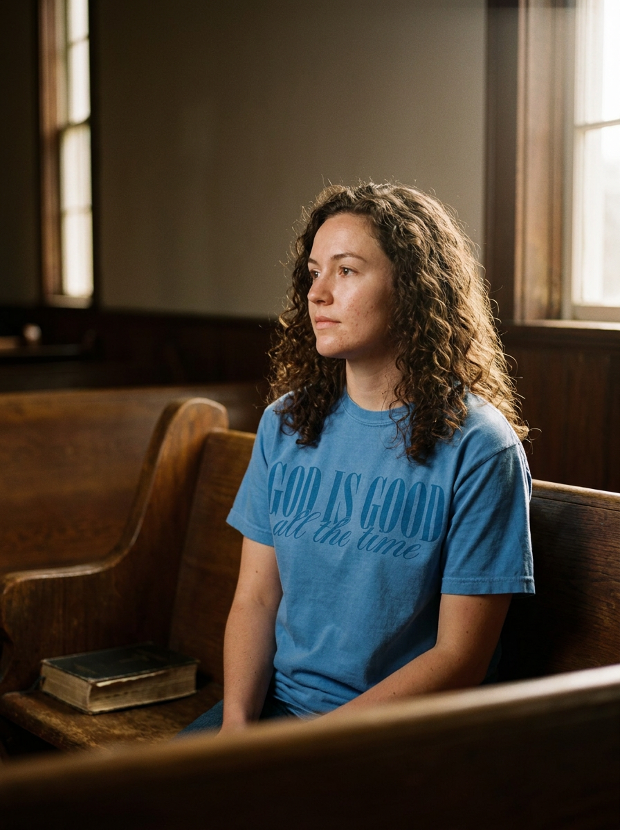 God Is Good All The Time tee, tone on tone lettering on washed blue