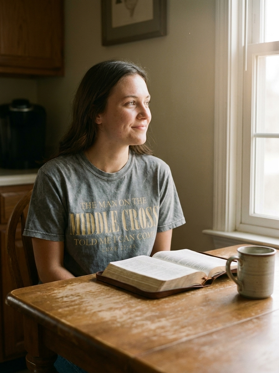 Luke 23:43 Middle Cross Christian tee in gold lettering on gray