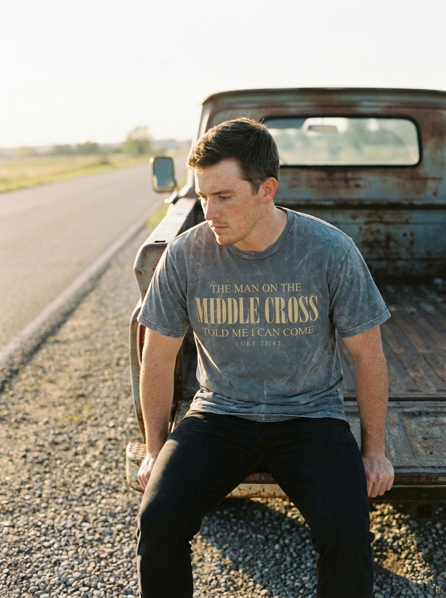 The Man On The Middle Cross shirt worn, Luke 23:43 in gold on mineral washed gray