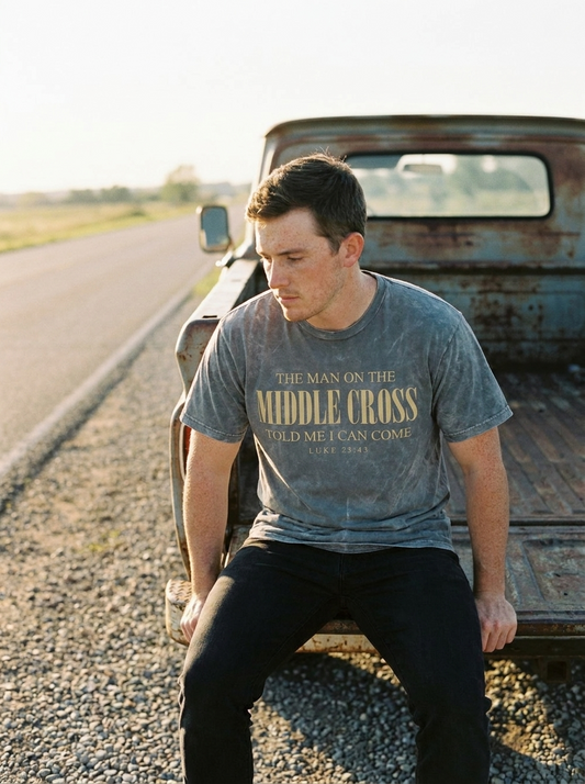 The Man On The Middle Cross shirt worn, Luke 23:43 in gold on mineral washed gray
