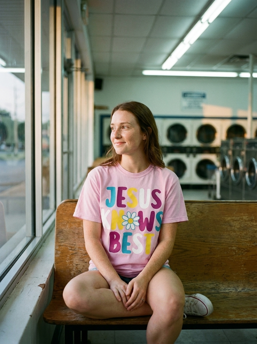 Jesus Knows Best Christian tee in colorful retro type on pink