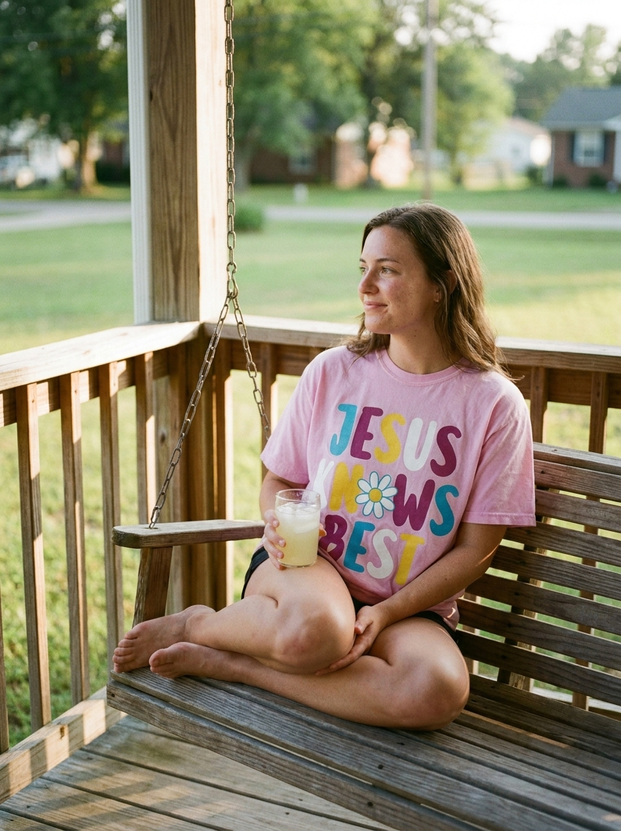 Jesus Knows Best shirt worn, retro lettering with a daisy on garment dyed pink