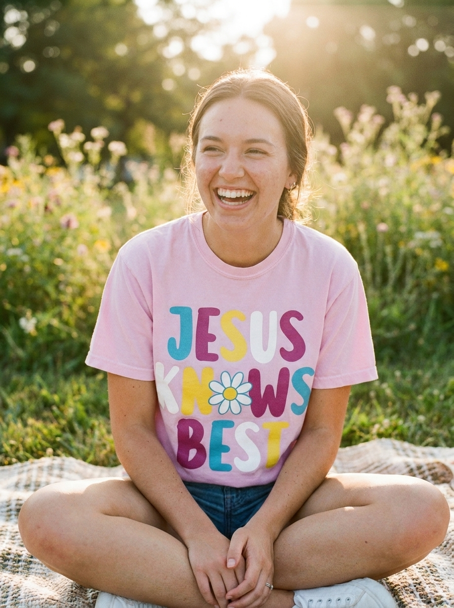 Jesus Knows Best shirt with daisy, retro multicolor lettering on pink