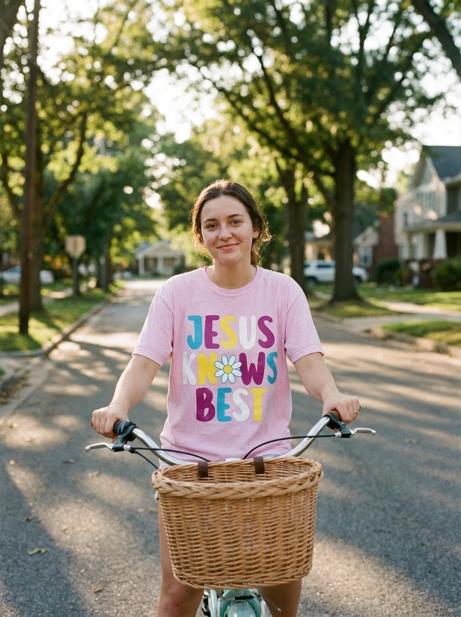 Jesus Knows Best retro Christian tee worn, pink garment dyed cotton