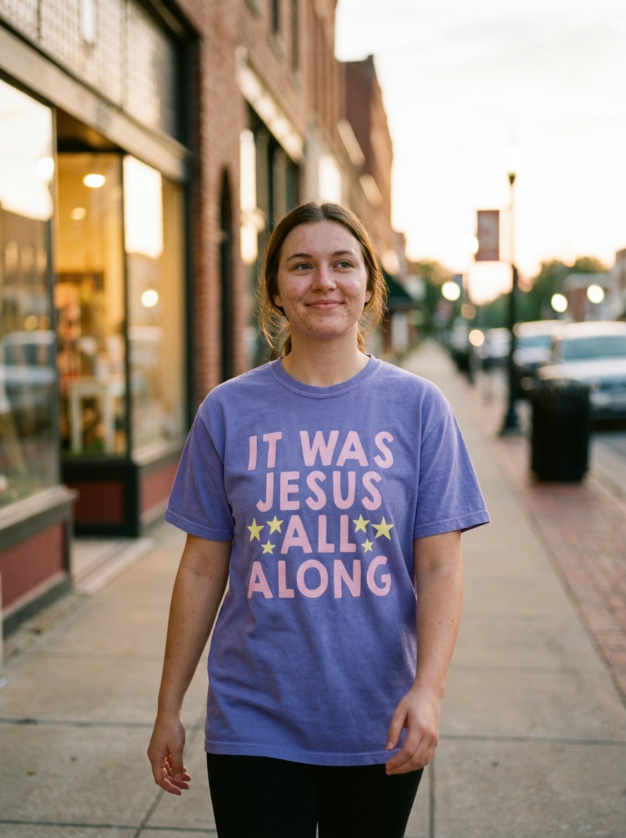 It Was Jesus All Along shirt on a garment dyed violet Comfort Colors tee