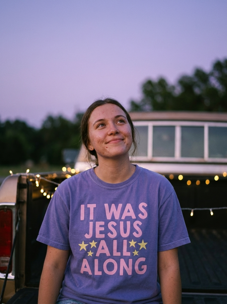It Was Jesus All Along shirt worn, hand drawn lettering with stars on violet
