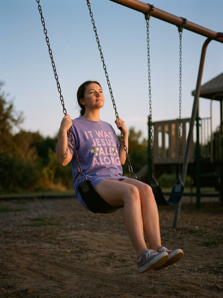 It Was Jesus All Along tee worn, star print on violet garment dyed cotton