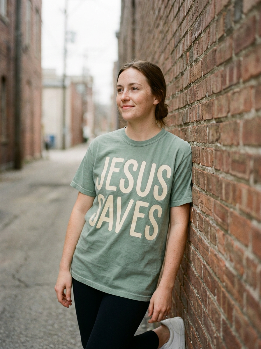 Jesus Saves shirt worn, oversized cream lettering on sage green