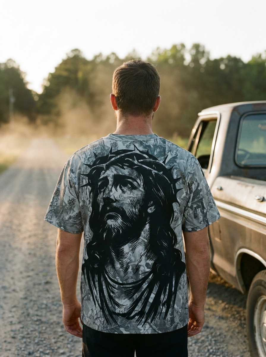 Jesus Got My Back camo shirt worn, gray forest camo Christian tee