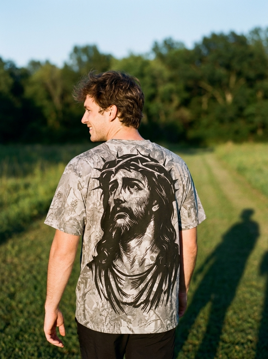 Jesus Got My Back camo Christian tee worn
