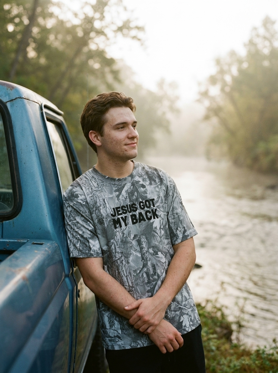 Jesus Got My Back shirt, full back Jesus portrait on gray camo