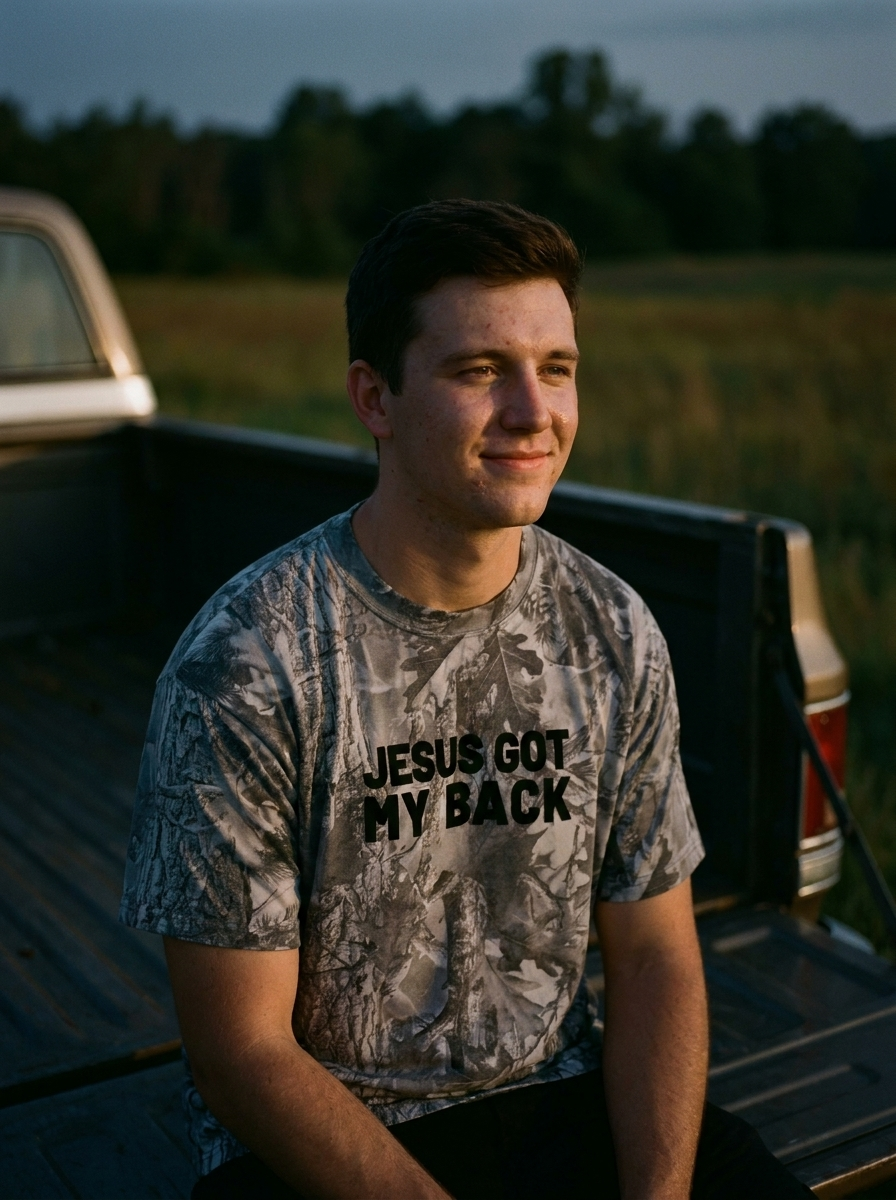 Jesus Got My Back camo tee, black block lettering on gray camo