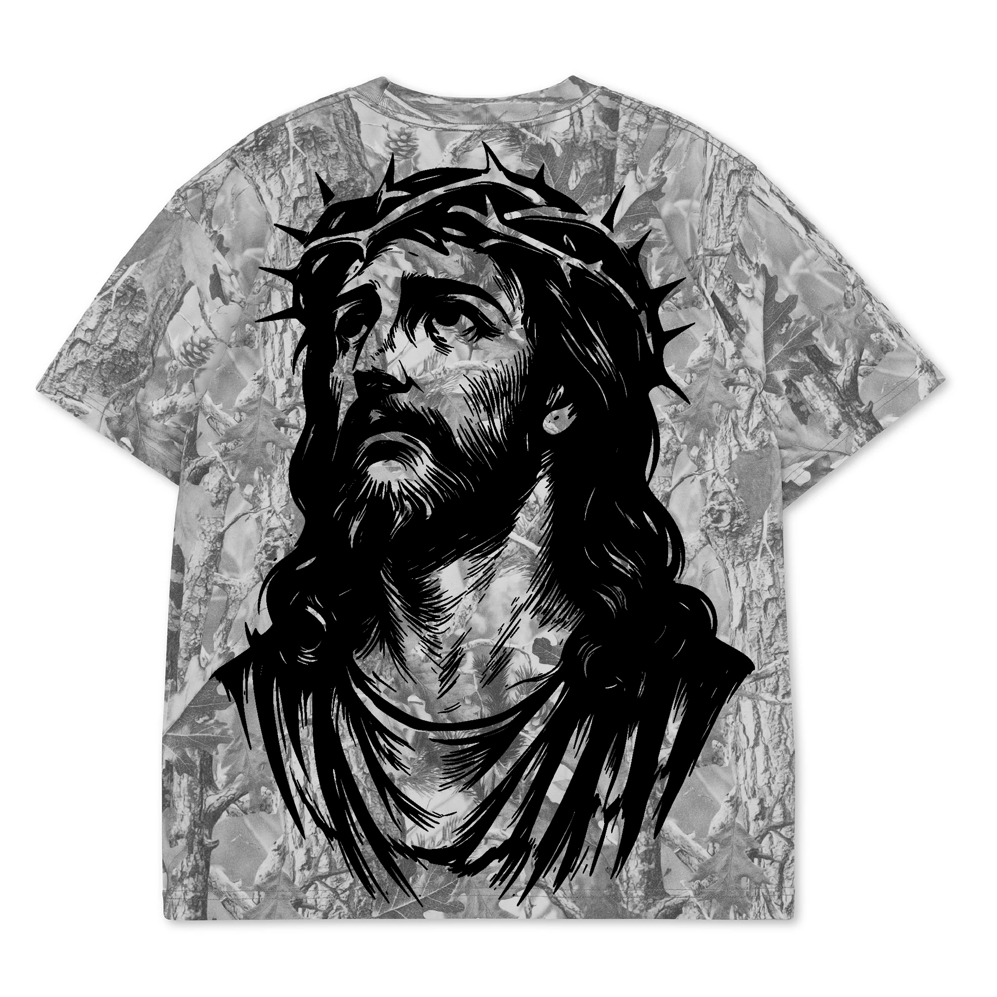 Jesus Got My Back shirt back view, full Jesus portrait with crown of thorns on gray camo