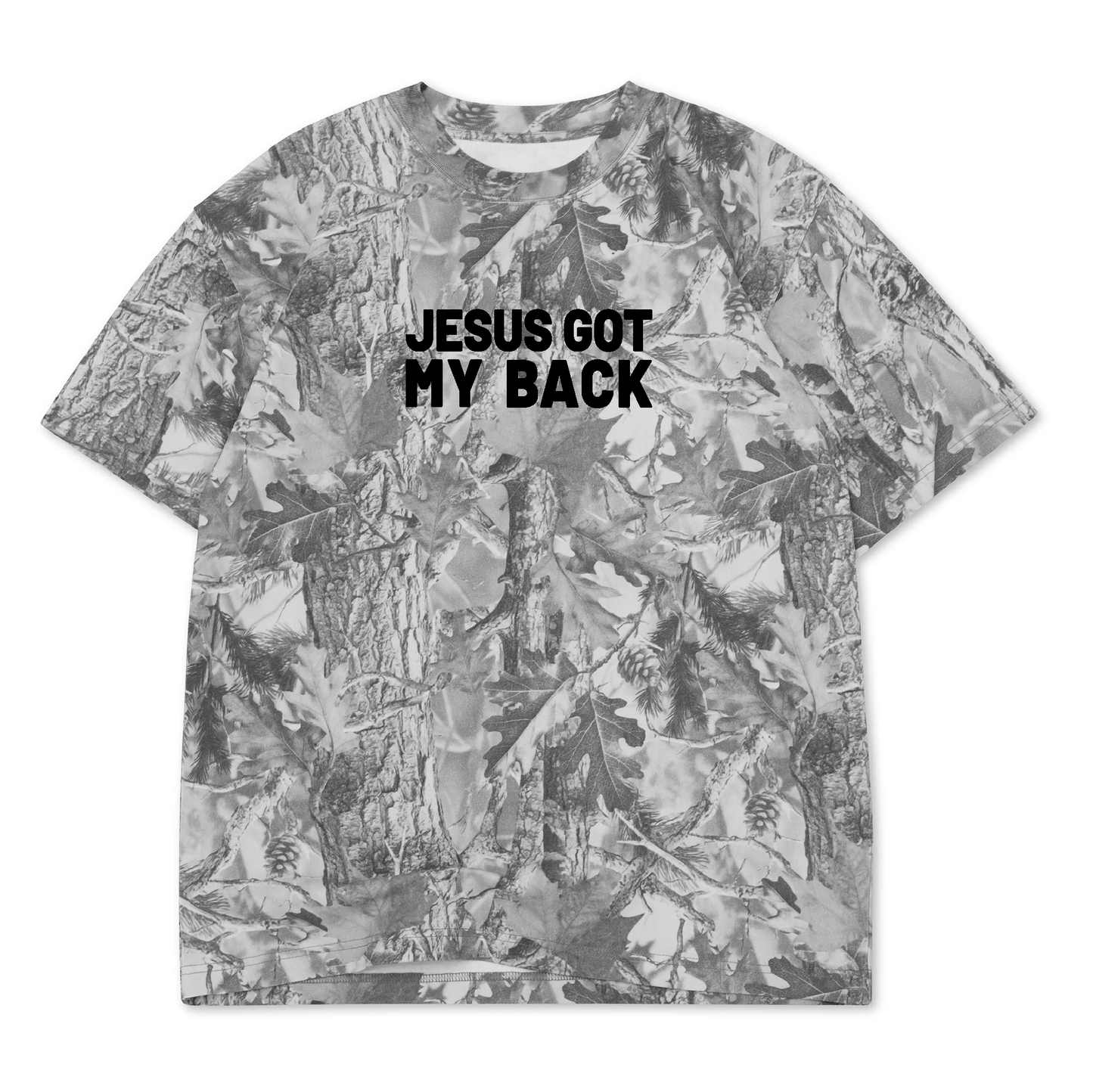 Jesus Got My Back shirt, flat front view, black block lettering on gray camo