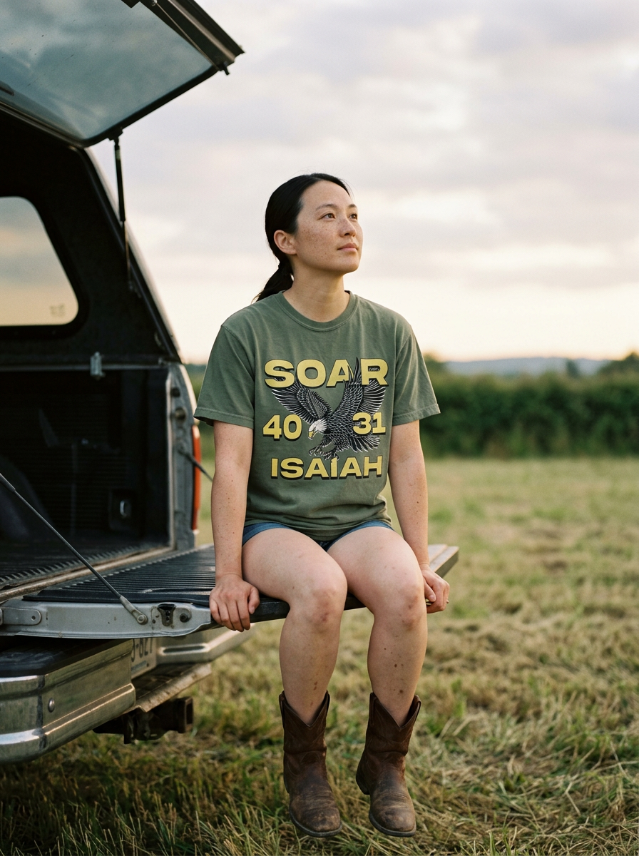 Soar Isaiah 40:31 tee, bold yellow lettering and eagle on moss green