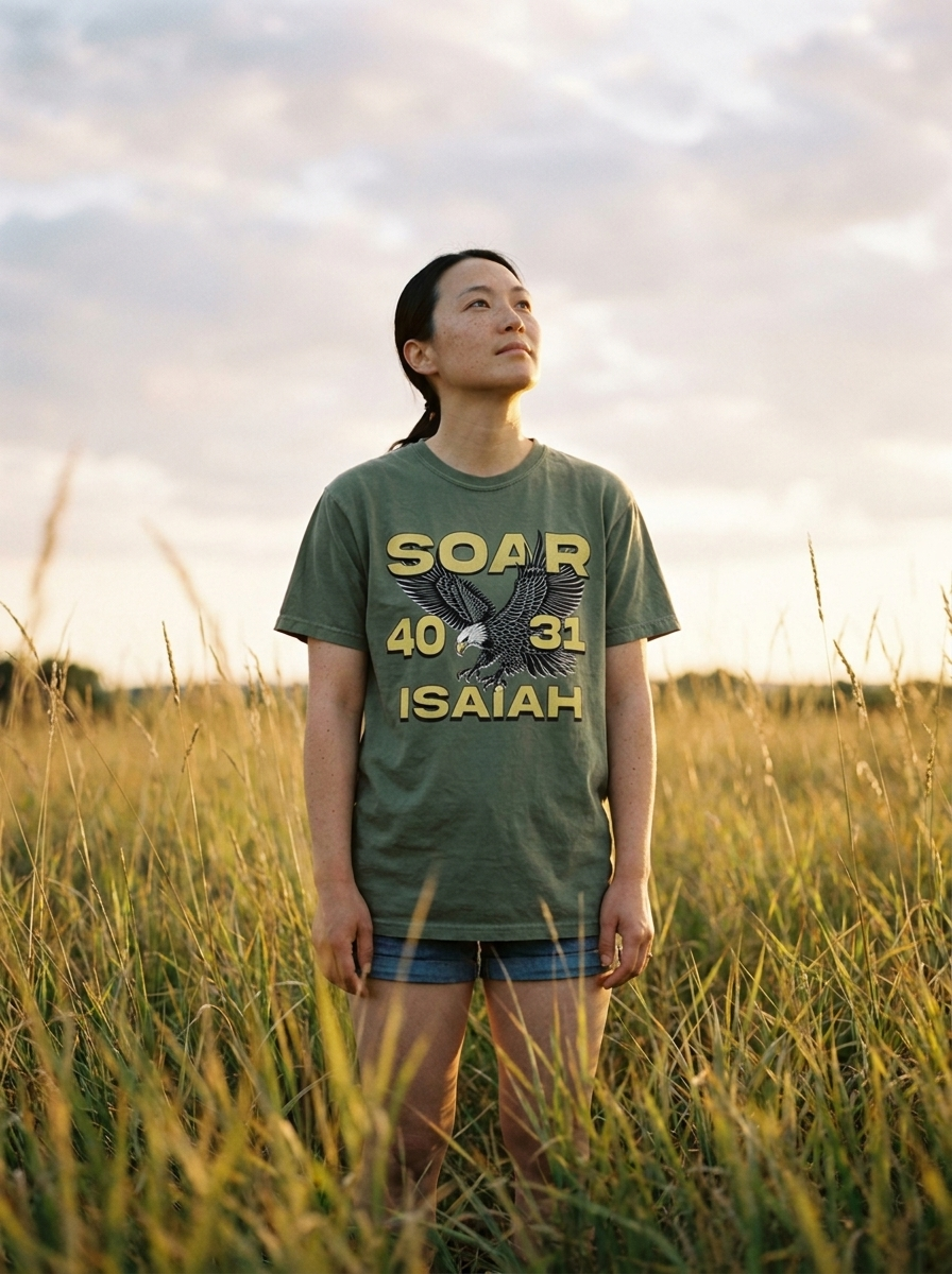Soar Isaiah 40:31 shirt worn, yellow eagle print on moss green