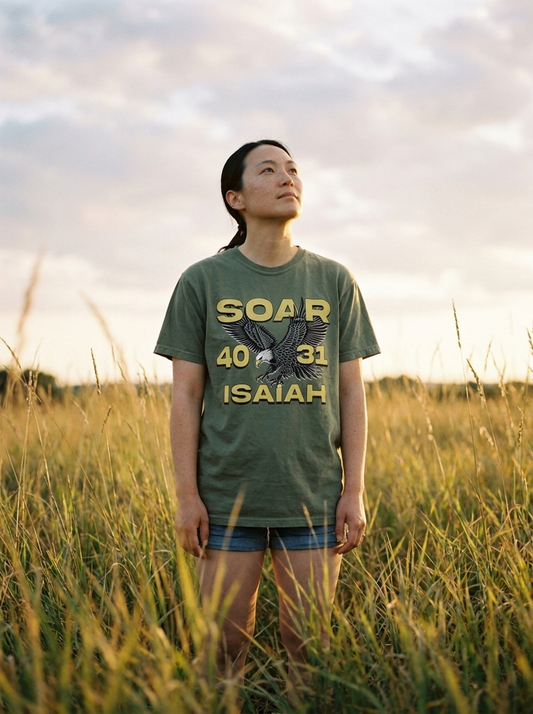 Soar Isaiah 40:31 shirt worn, yellow eagle print on moss green