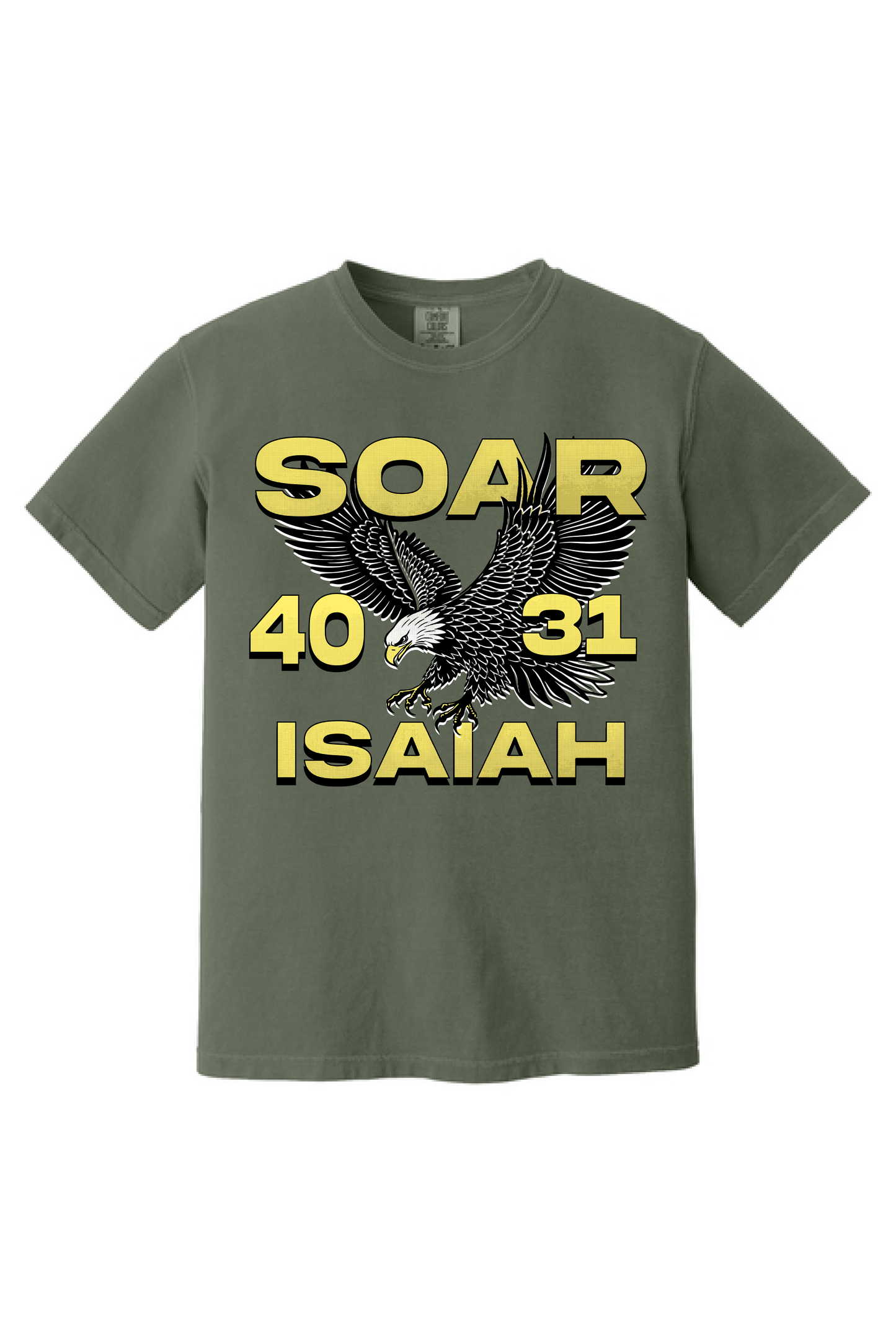 Soar Isaiah 40:31 shirt, flat front view, eagle and yellow type on moss green