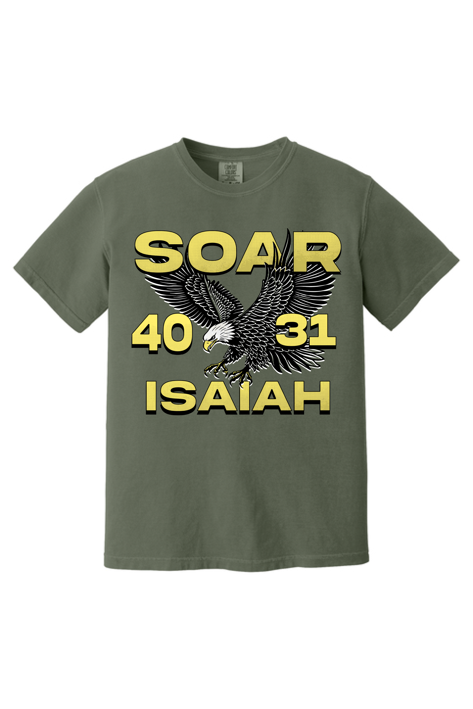 Soar Isaiah 40:31 shirt, flat front view, eagle and yellow type on moss green