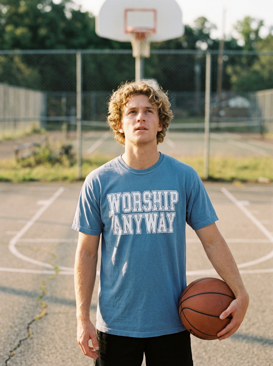 Worship Anyway shirt worn, white distressed varsity lettering on washed denim blue