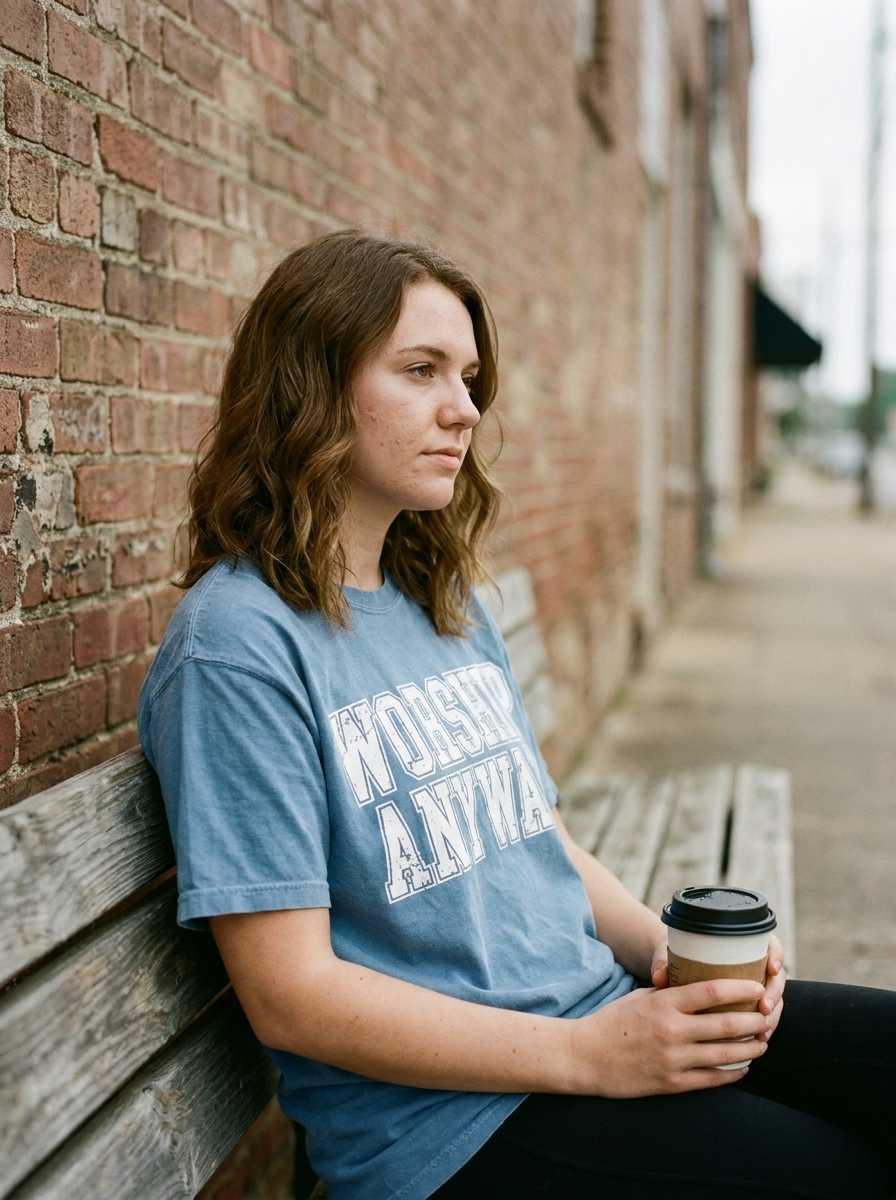 Worship Anyway shirt, hard week long day worship anyway, on denim blue
