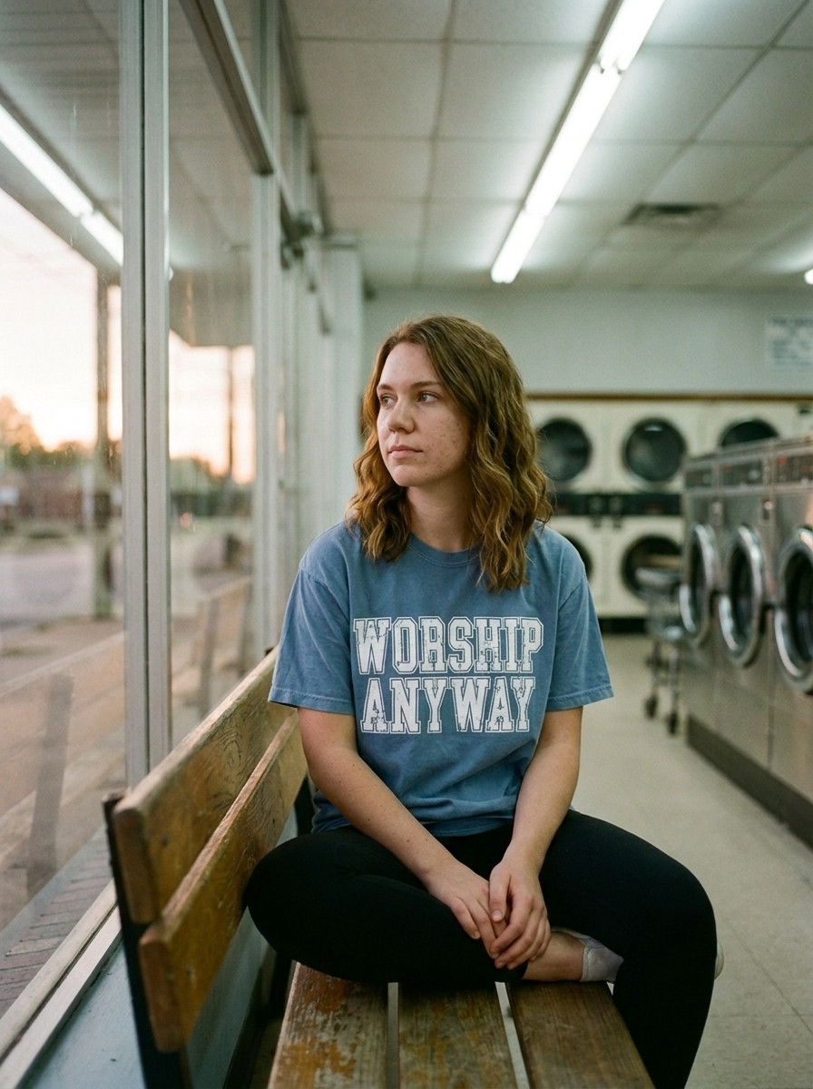 Worship Anyway tee worn, distressed varsity print on washed denim blue