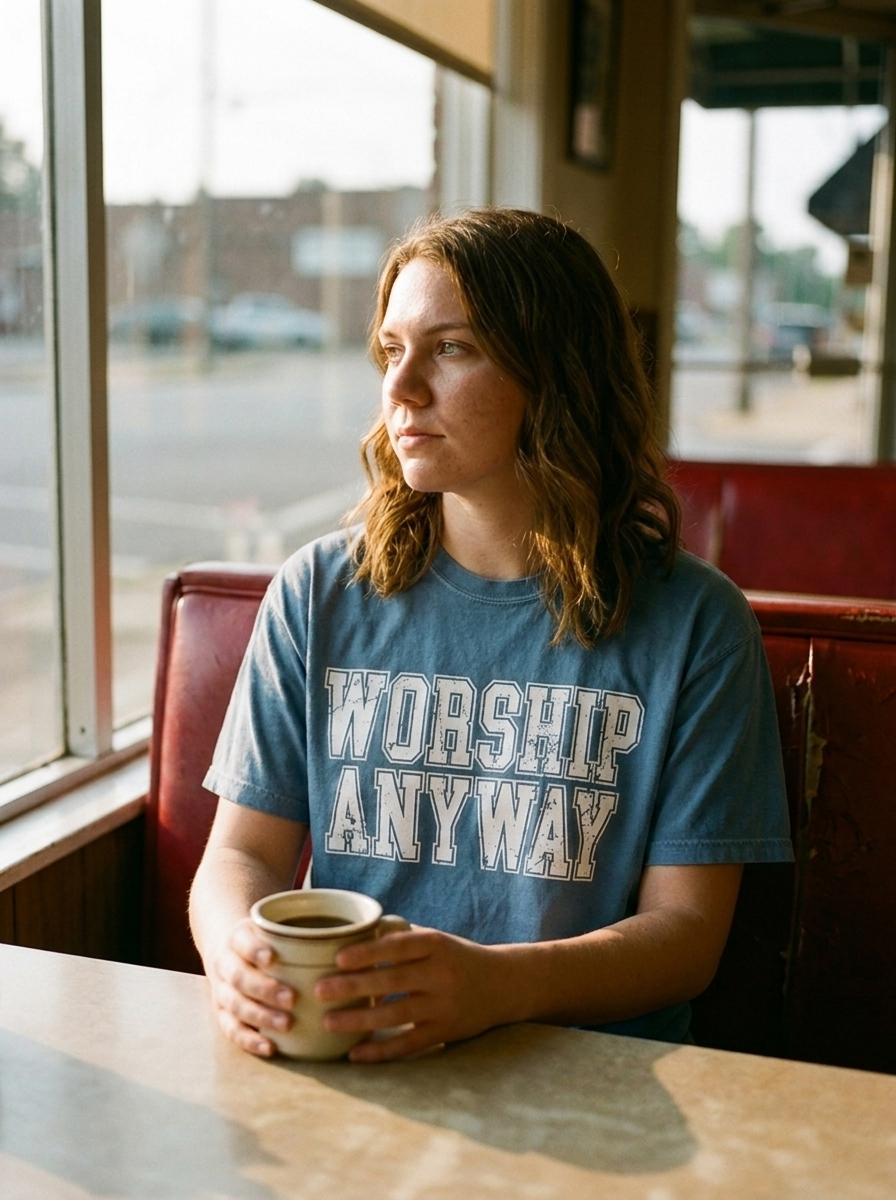 Worship Anyway Christian tee, varsity type on washed blue