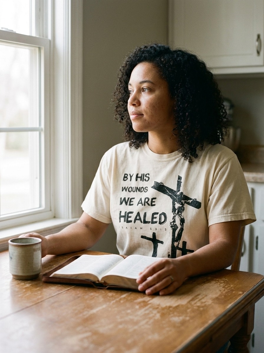 Isaiah 53:5 By His Wounds shirt with three crosses on ivory