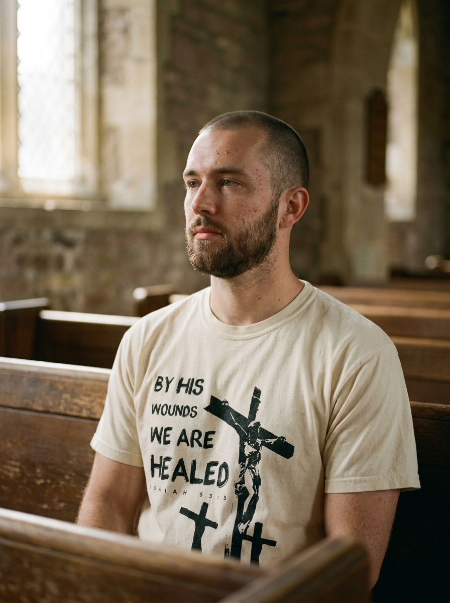 By His Wounds We Are Healed Christian tee, black brush lettering on ivory