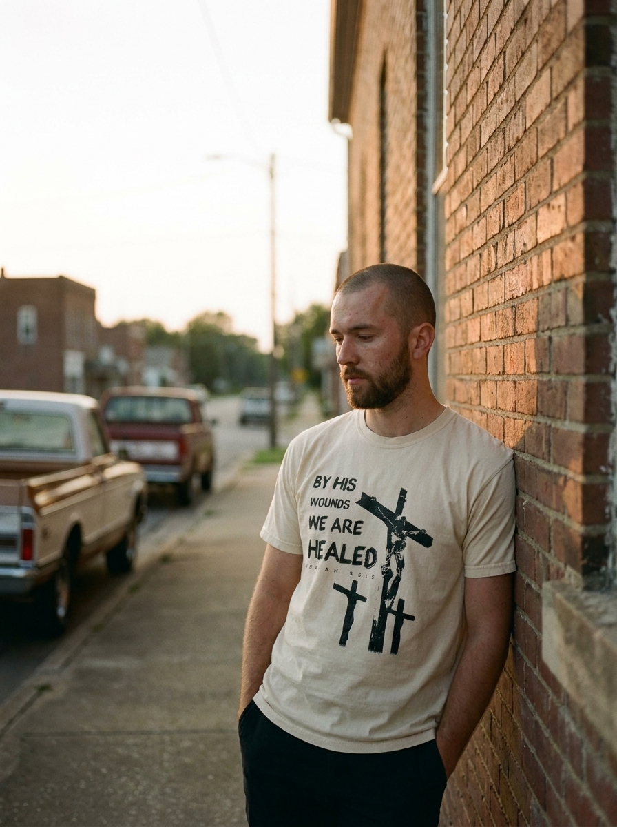 By His Wounds We Are Healed shirt, Isaiah 53:5 on ivory