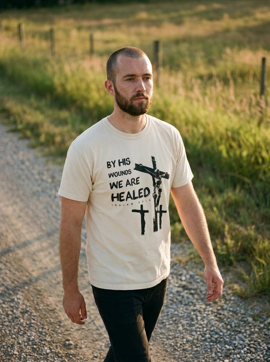 By His Wounds shirt worn, Isaiah 53:5 with three crosses on ivory