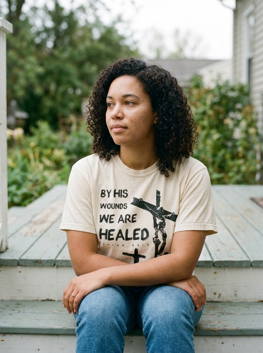 By His Wounds tee worn, ivory Comfort Colors heavyweight cotton