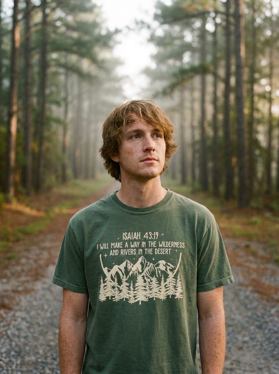 Isaiah 43:19 Way In The Wilderness Christian tee, cream mountain print on moss