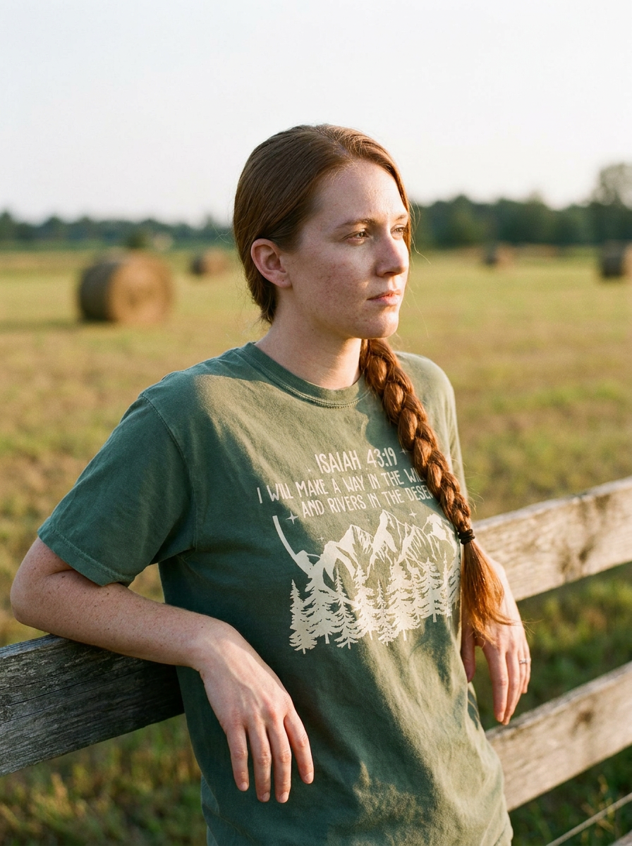 Way In The Wilderness shirt, cream pine and mountain art on moss green