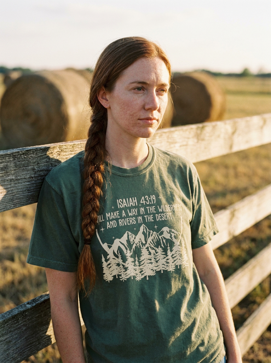 Isaiah 43:19 wilderness tee worn, moss green garment dyed cotton