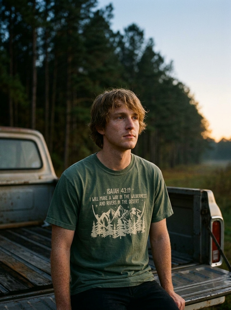 Way In The Wilderness shirt, rivers in the desert, mountains and pines on moss green