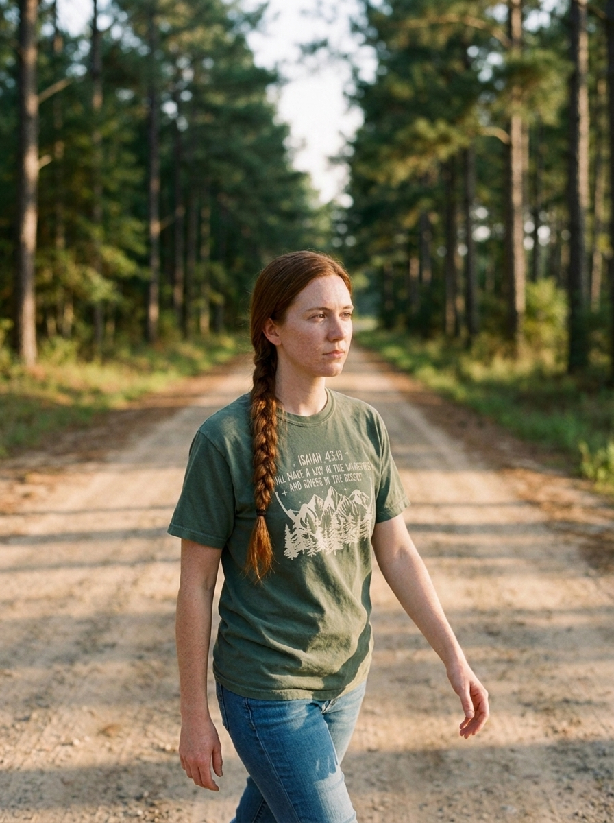 Way In The Wilderness Christian tee, Isaiah 43:19 on moss green