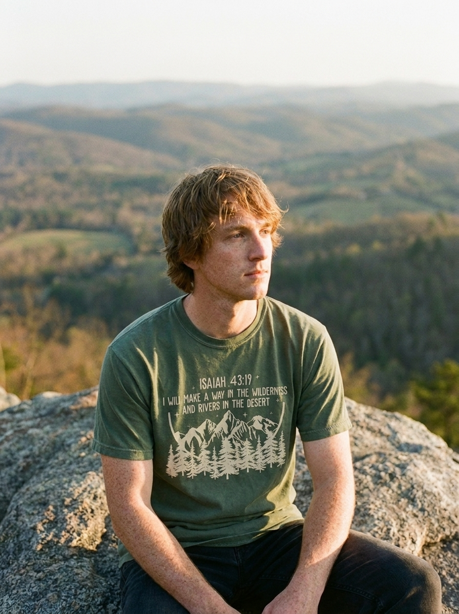 Way In The Wilderness shirt worn, Isaiah 43:19 with mountains and pines on moss green