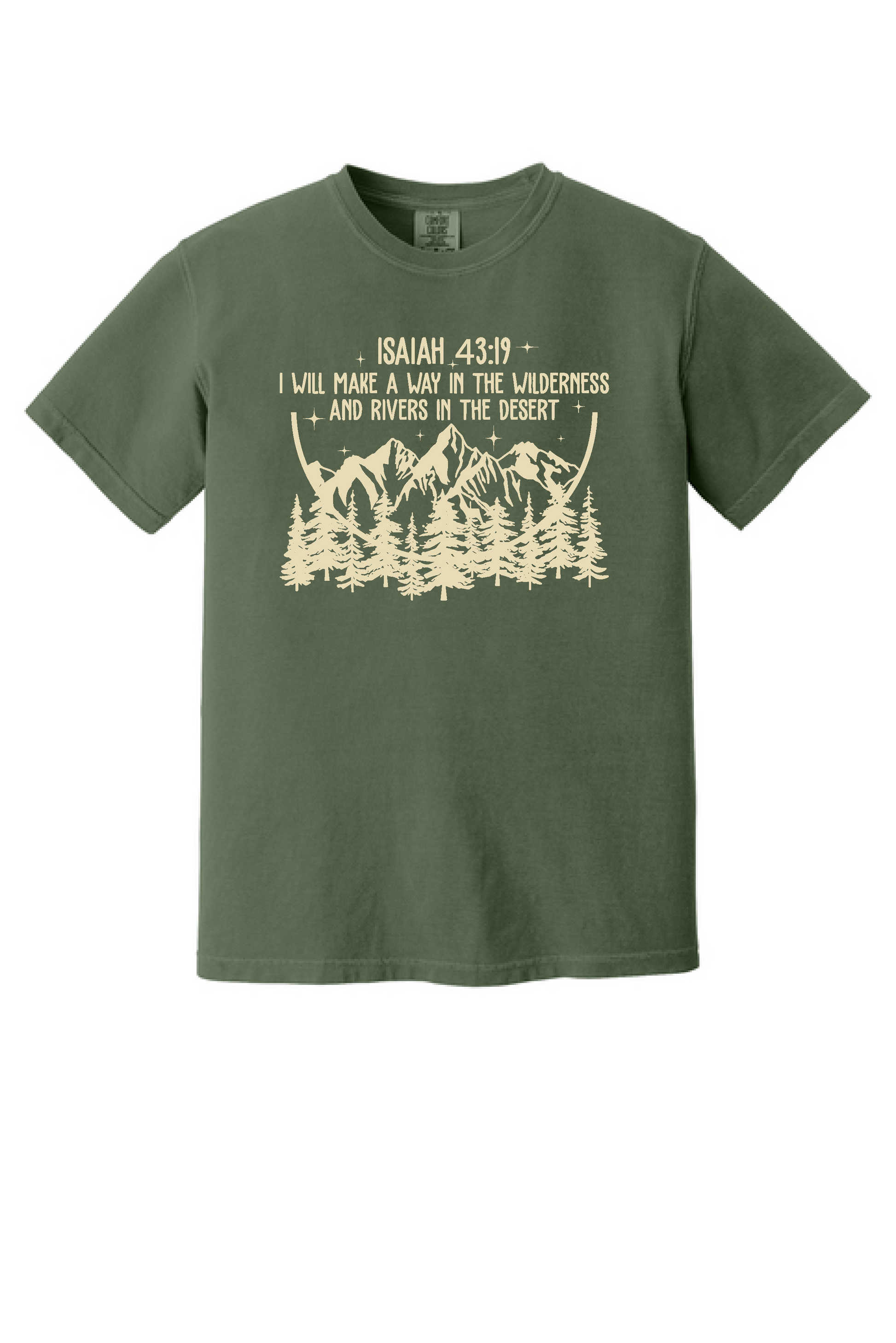Way In The Wilderness shirt, flat front view, mountains and pines on moss green