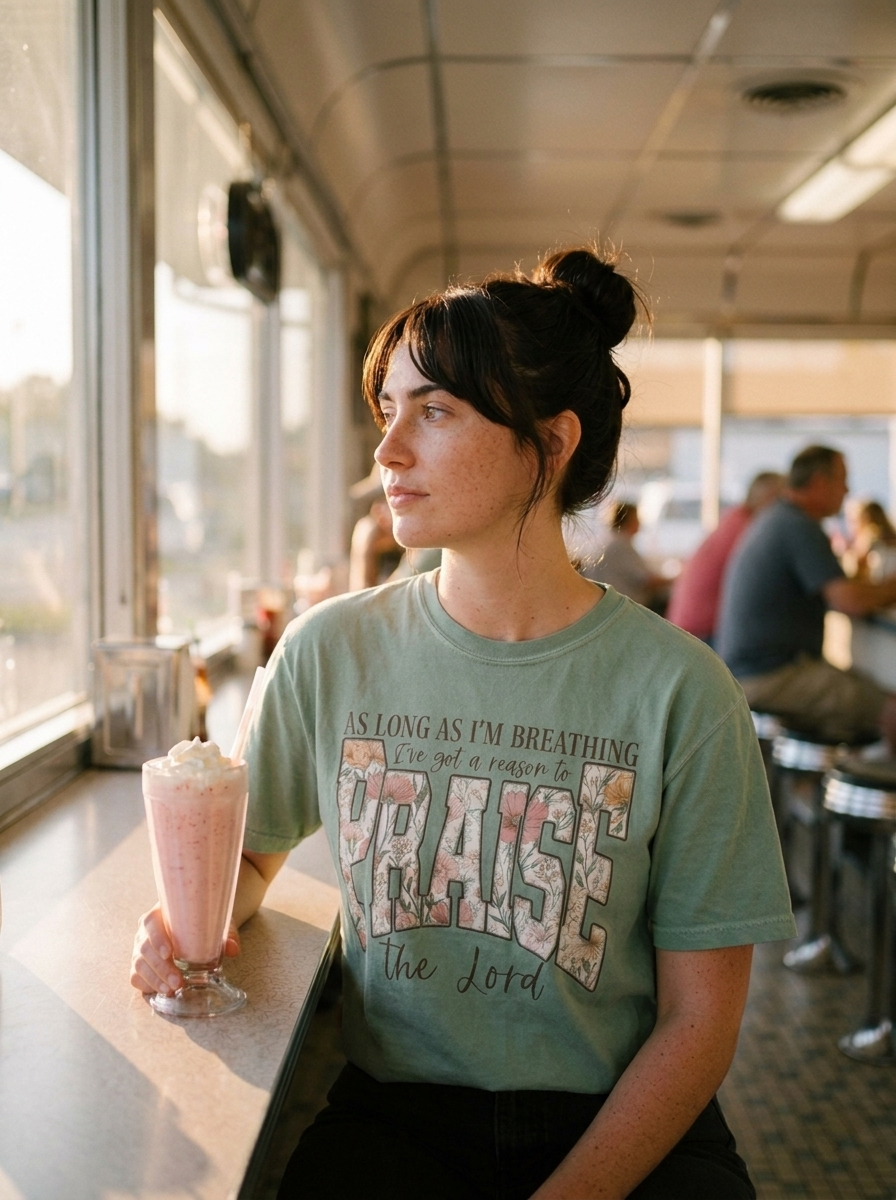Reason To Praise shirt worn, floral filled varsity lettering on sage